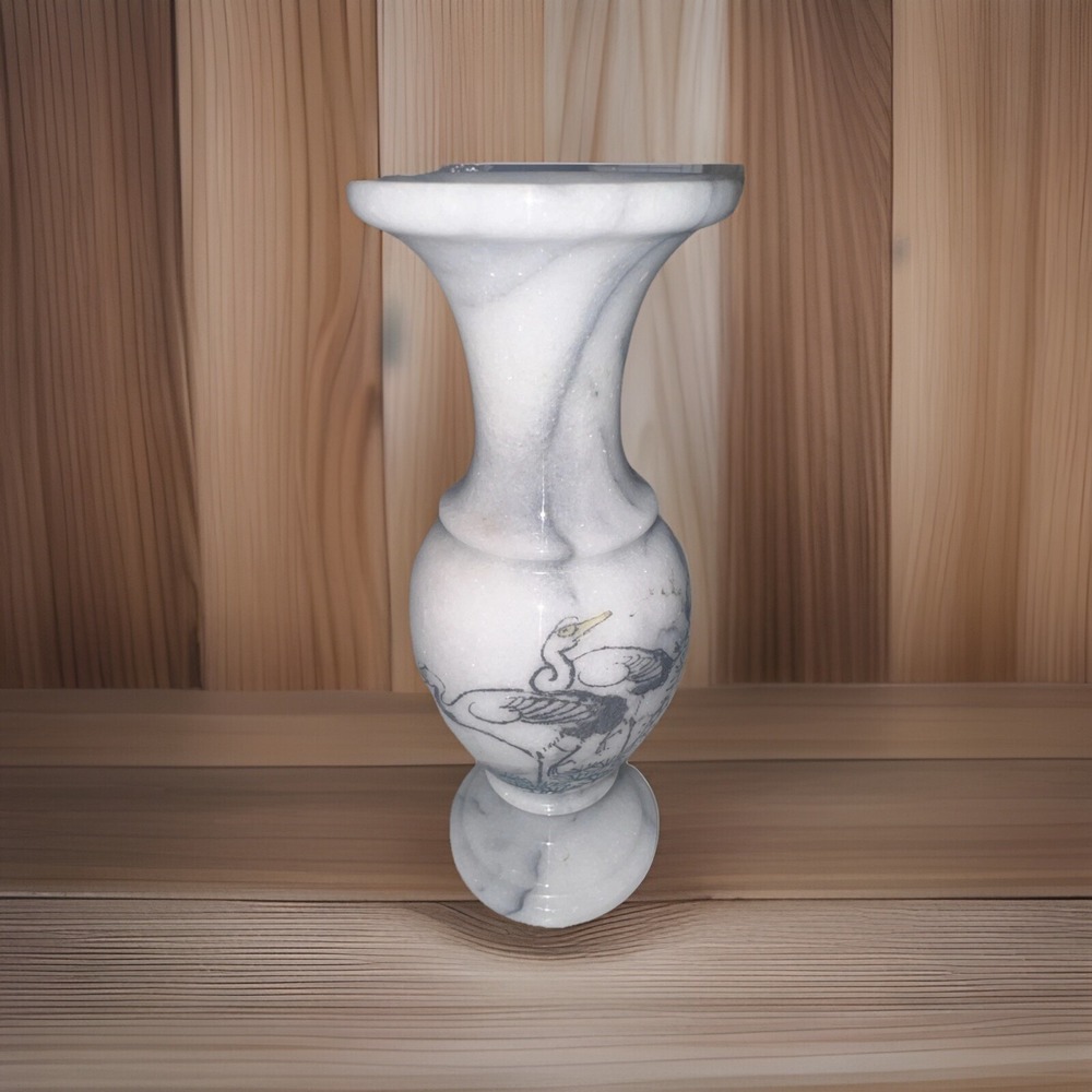Vintage Marble Alabaster Vase Hand Painted Bird Floral Chinoiserie‎ Chic Boho